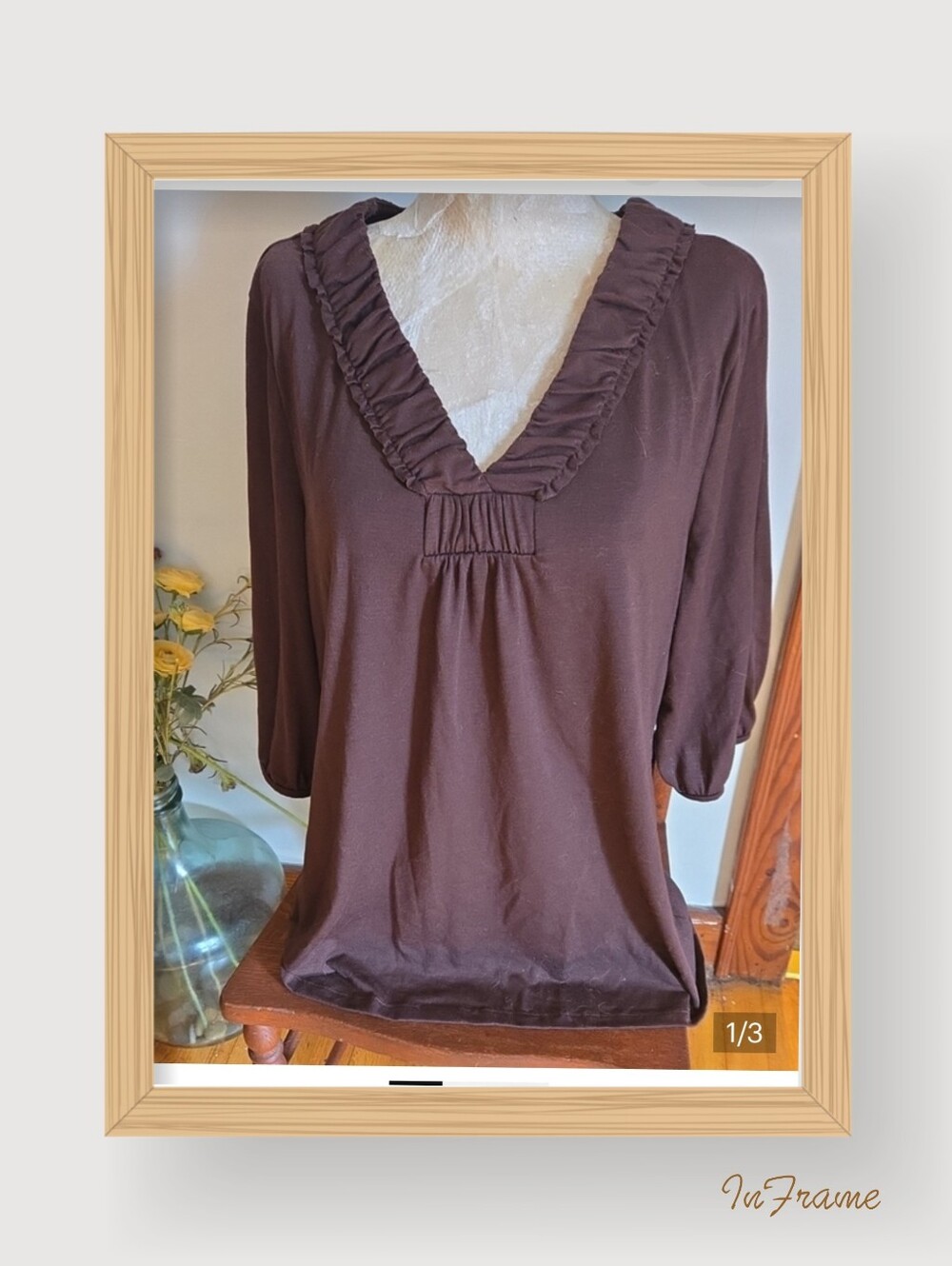 Just My Size Chocolate Brown Ruffle V-Neck Top Size 1x